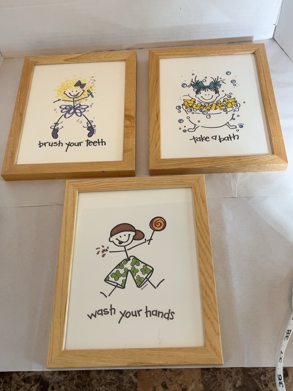 Vintage 1990s Donna Klotzle Kids Bathroom Wall Art Set of 3 Framed 8x10